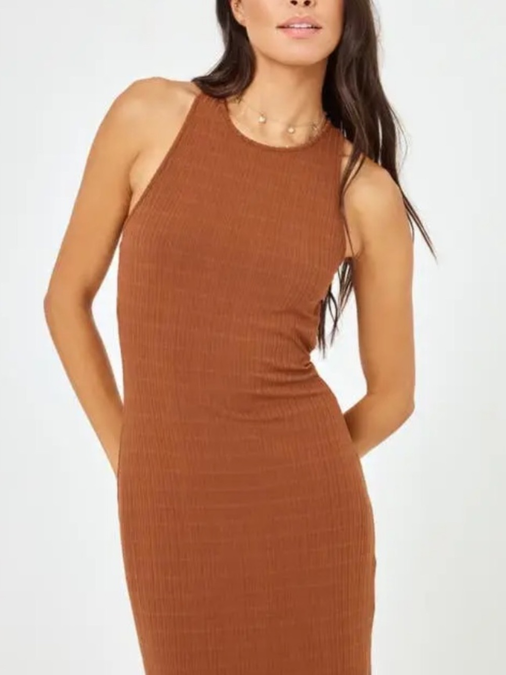 LSpace Francesca Dress Coffee brown knit midi strappy back Revolve M - Picture 5 of 13